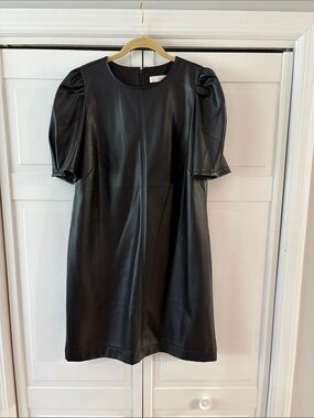 LOFT Black Faux Leather Puff Sleeve Mini Dress-size 14